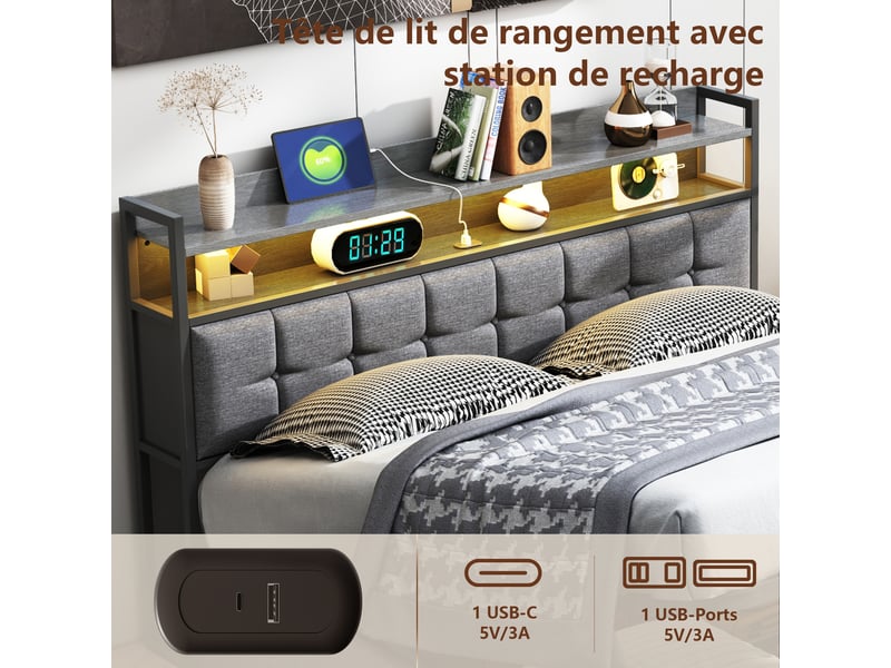  Lit coffre 140x190 avec rangement, cadre de lit double rembourré avec led et usb lit 2 personnes led avec prise lit adulte capitonné avec tête de lit et rangement hydraulique gris lin, sans matelas  - Conforama E