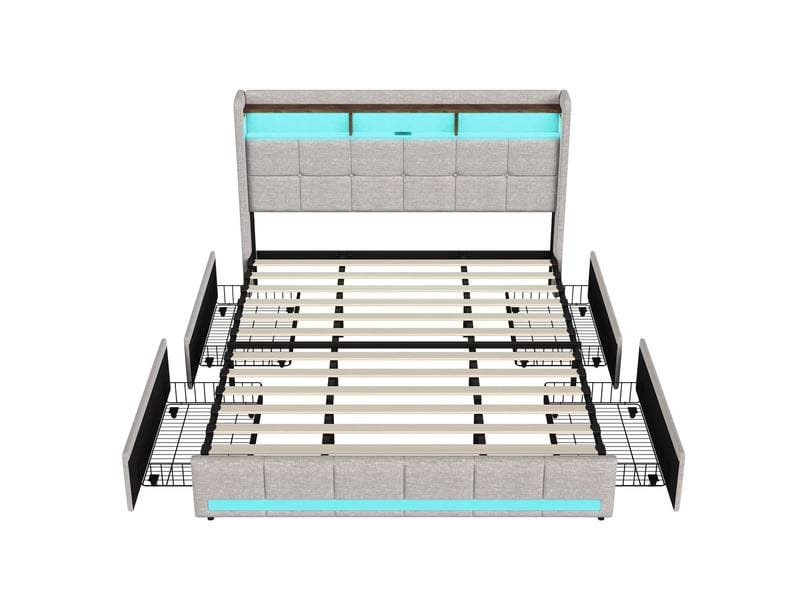 Lit double rembourré 180x200 cm avec sommier et 4 tiroirs, lit 2 personnes avec rangement et tête de lit, led et usb, lin beige - Conforama W