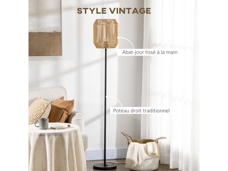  Lampadaire sur pied salon abat-jour en corde de papier  26 x 164h cm - design naturel base e27 max. 40w  - Conforama A