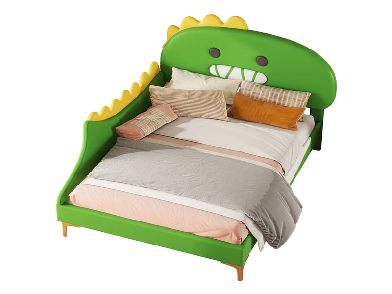  Lit enfant 140 x 200 cm, motif dinosaure, lit plat, en polyuréthane, vert  - Conforama A