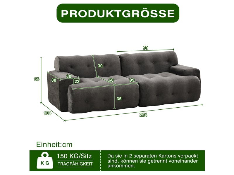  Canapé effet nuage modulable 2 places 224x104x66 cm, assise profonde 68 cm, larges accoudoirs, sans montage, base antidérapante, chenille gris  - Conforama D