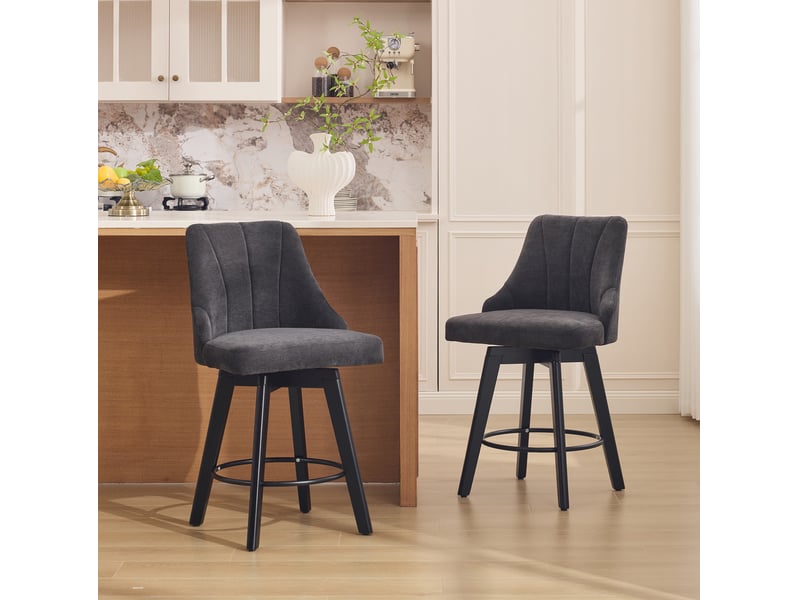  Tabouret de bar pivotant à 360° avec dossier rembourré et repose-pieds, en chenille gris  - Conforama B