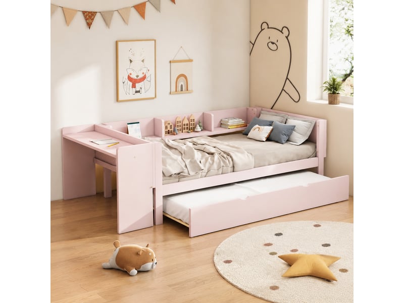 Lit enfant 90 x 200 cm avec lit gigogne, bureau réversible et trois étagères latérales, bois massif et mdf rose - Conforama C