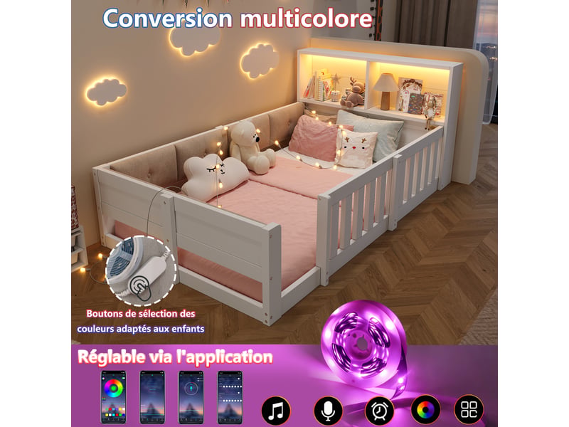 Lit enfant au sol 90x200 cm, barrières de sécurité, tête de lit avec rangement, led multicolore, blanc et naturel OMNIGLINT TRADING LTD - Conforama E