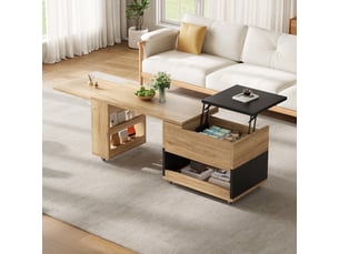 Table basse modulaire extensible avec élément pivotant à 360°, plateau relevable, rangement et roulettes pour salon