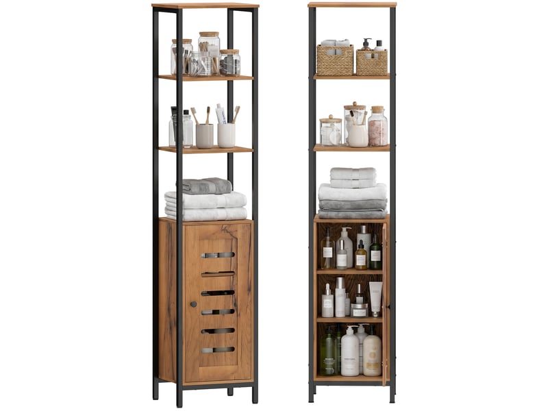 Meuble de salle de bain de style industriel avec colonnes, 3 étagères ouvertes, porte à lattes, étagères réglables, marron rustique - Conforama A