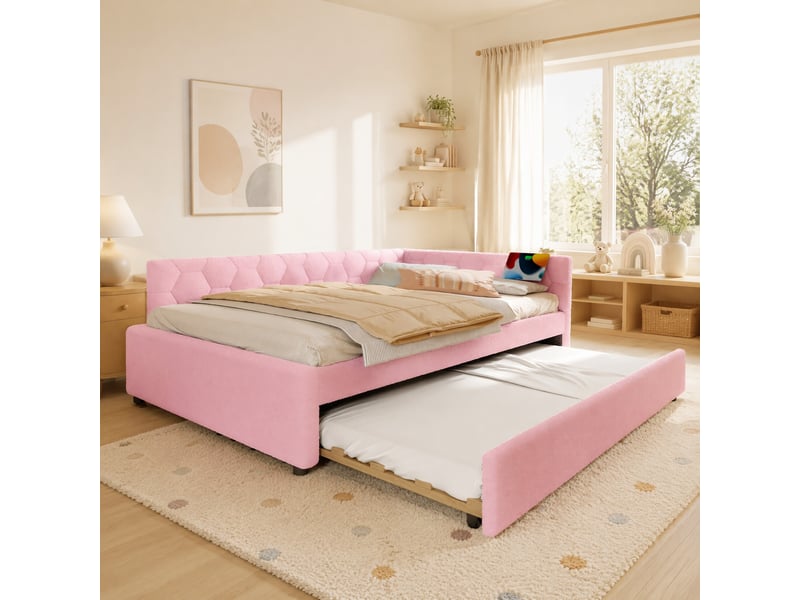  Lit gigogne 140x200 cm avec lampe de chevet et ports usb, rose  - Conforama B