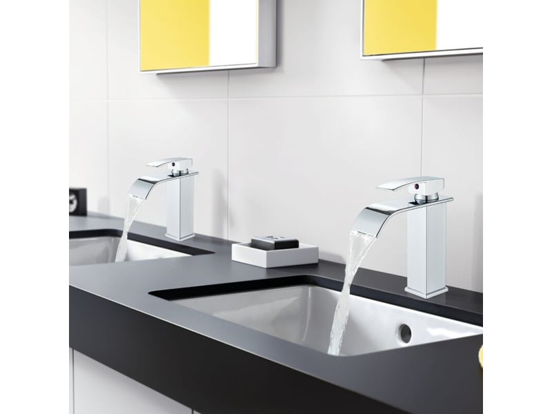  Robinet de salle de bain style cascade, mitigeur lavabo monotrou à deux voies, design moderne, finition chromée  - Conforama B