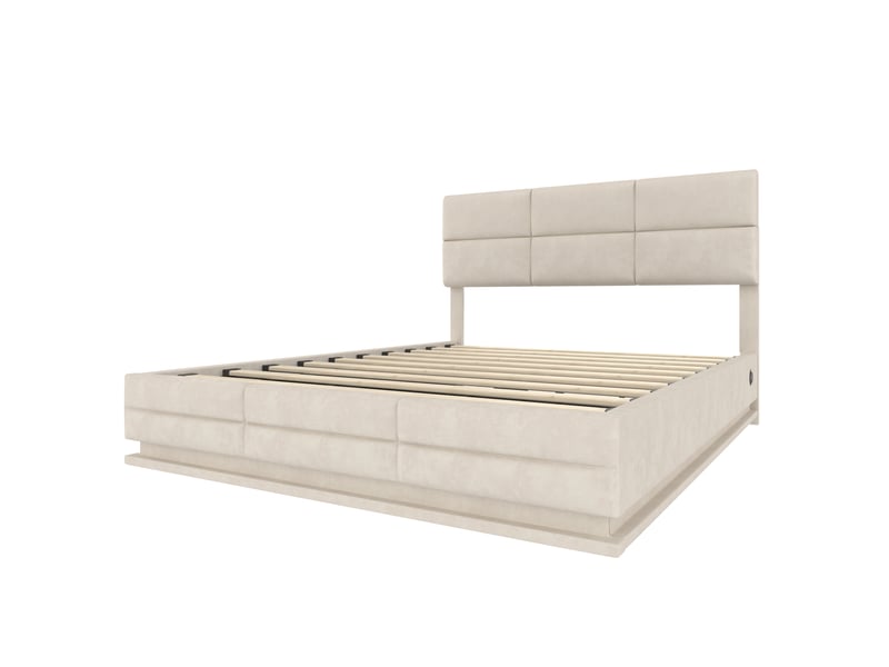  Lit coffre 180×200 cm, revêtu velours, tête de lit réglable en hauteur, avec led et ports usb, sans matelas, beige  - Conforama R