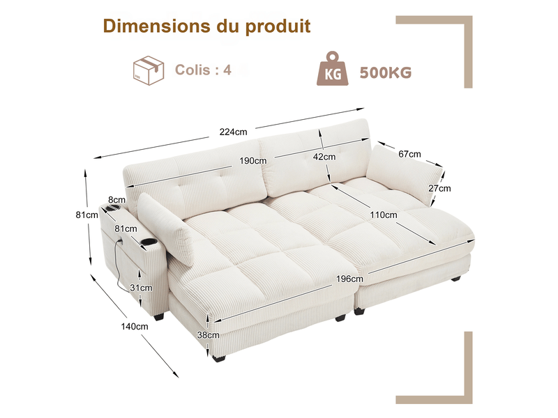  Canapé modulable 2 places en velours côtelé beige 224x140x81 cm, séparable, usb, porte-gobelets, coussins 224x140x81cm - Conforama C