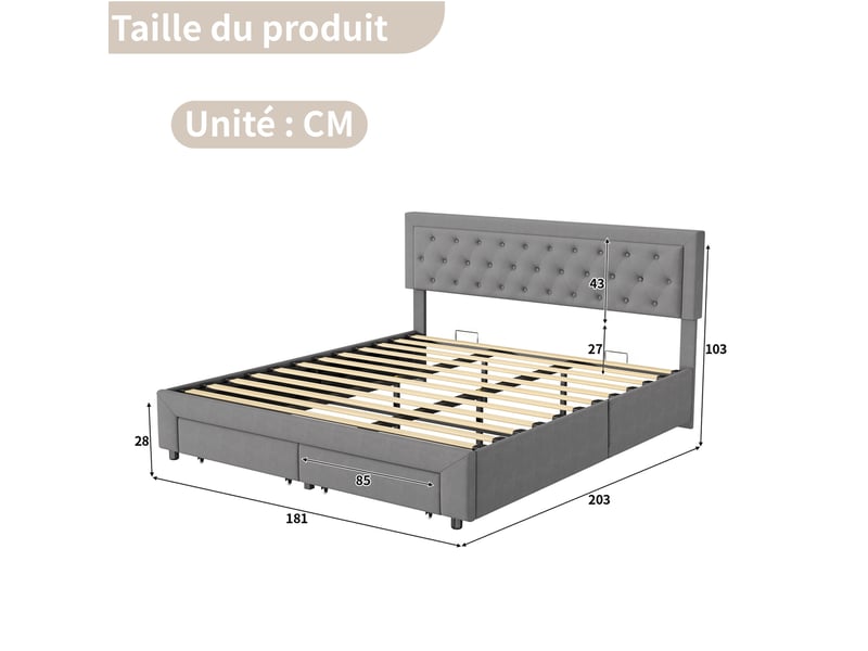  Lit double coffre 180x200, rangement hydraulique sous le lit, 2 tiroirs au pied, sommier à lattes, tissu velours, gris  - Conforama C