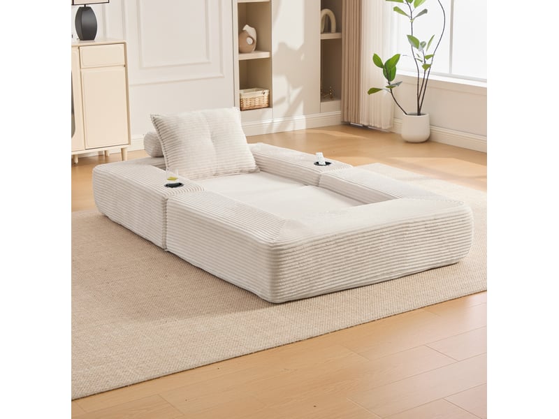 Canapé convertible 1 place avec poches latérales, porte-gobelets et accoudoirs amovibles en velours côtelé beige - Conforama E
