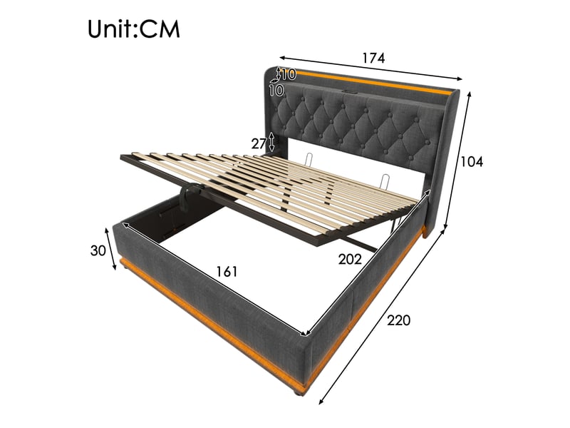  Lit double capitonné rayofi 160 x 200 cm, éclairage led 360° contrôlable (bouton, application, télécommande), rangement coffre hydraulique, tête de lit rembourrée avec ports usb et type-c, revêtement lin gris, matelas inclus  - Conforama B