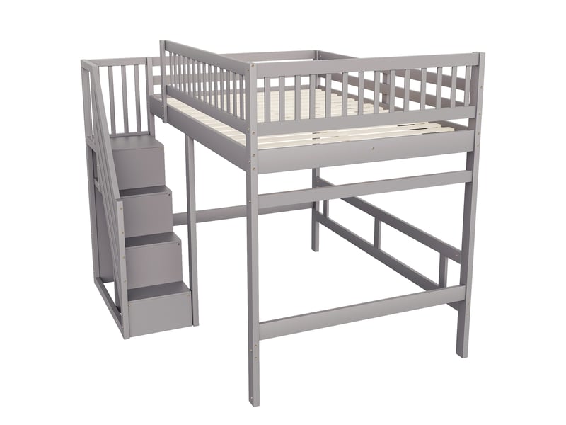 Lit mezzanine 140x200 cm en bois gris, escalier avec rangement et barrières hautes - Conforama E