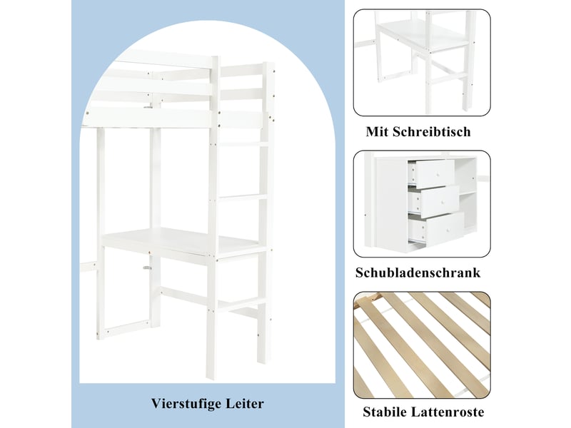  Lit mezzanine 90x200 cm enfant avec bureau intégré, rangement avec tiroirs et étagère, structure pin et mdf, blanc  - Conforama D