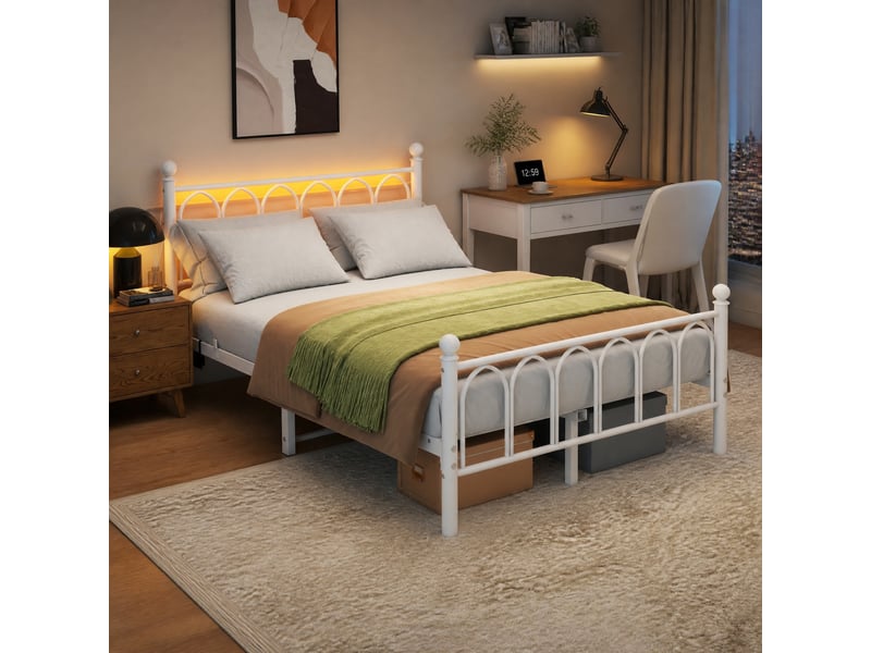  Lit simple 120×200 cm avec tête haute, led, espace de rangement, usb et prise - okmyhome- métal blanc, sans matelas  - Conforama C