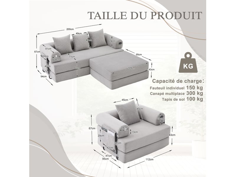  Canapé modulable 4 places modenvie avec fauteuil et pouf en velours côtelé gris clair 200 x 190 x 67 cm  - Conforama C