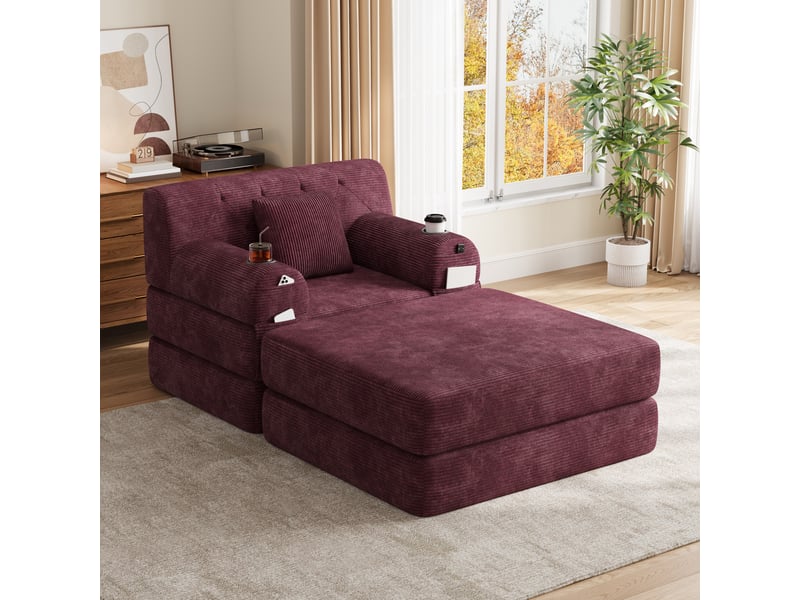  Fauteuil convertible 1 place avec fonction couchage, dossier haut, 4 poches, 2 porte-gobelets, en velours côtelé bordeaux  - Conforama C