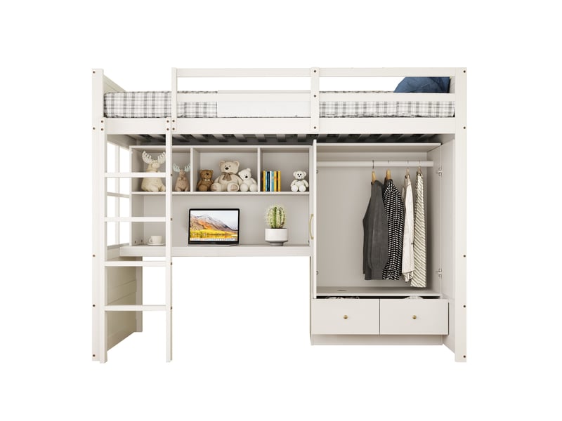  Lit mezzanine 90 × 200 cm avec bureau, armoire, tiroirs et échelle, sans matelas, blanc  - Conforama A