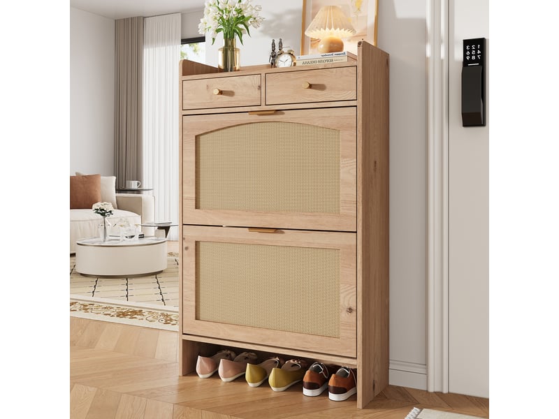  Meuble à chaussures étroit rotin 2 portes et tiroirs, armoire rangement entrée aspect bois 65x25x106cm  - Conforama D