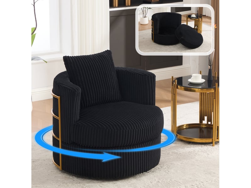  Fauteuil pivotant 360° avec rangement sous l'assise, accoudoirs rembourrés en velours côtelé noir, 76 × 79 × 78 cm  - Conforama E