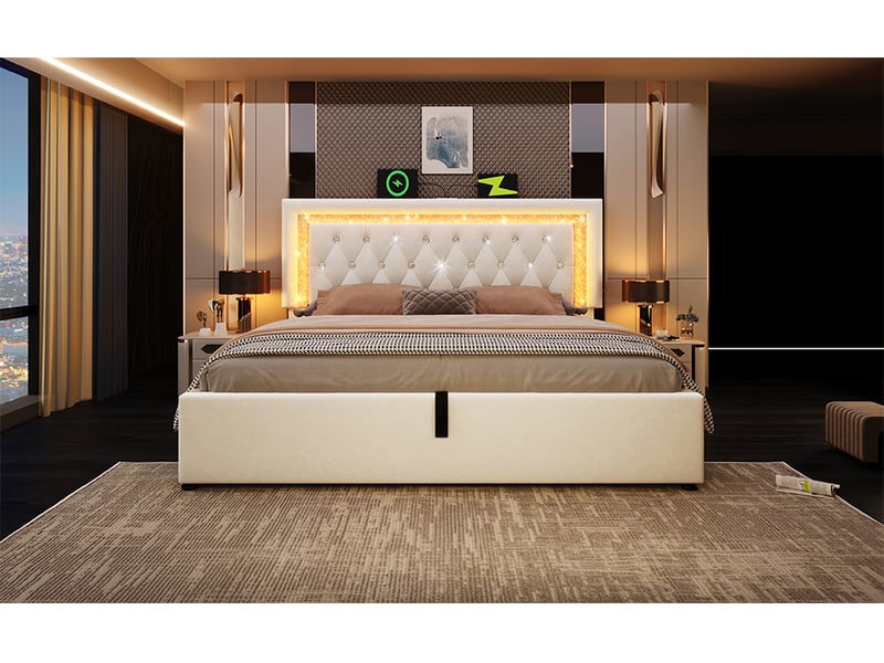  Lit coffre 160x200 cm en velours avec tête de lit led, rangements intégrés, coffre hydraulique et matelas inclus  - Conforama C