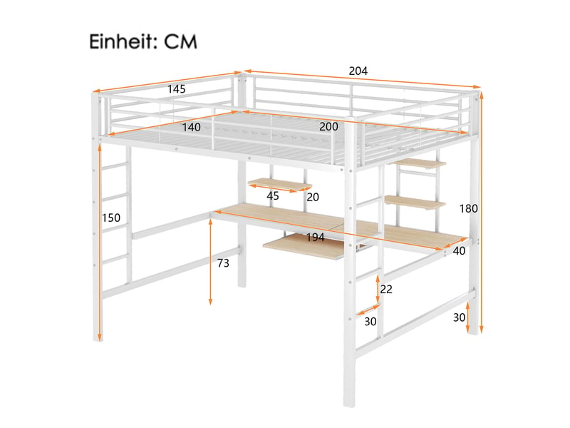  Lit en hauteur, 140x200 cm, lit en hauteur, avec bureau, deux bibliothèques, matelas non inclus, métal, coloris blanc  - Conforama C