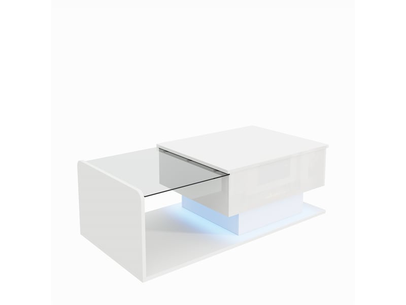  Table basse laquée blanche brillante, table d'appoint, table basse avec plateau en verre et éclairage led.  - Conforama D
