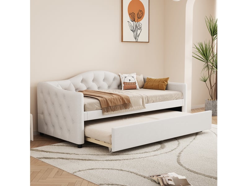  Lit gigogne jeune 90x200 cm avec lit tiroir de rangement, style minimaliste moderne, lin et mdf, beige, sans matelas  - Conforama D
