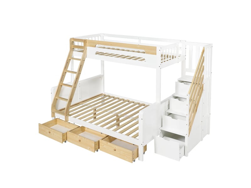 Lit superposé blanc et bois naturel avec sommier à lattes et rangement - Conforama D