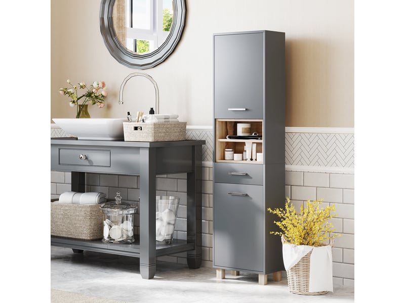  Colonne salle de bain, meuble salle de bain rangement avec 2 placards, gris, tiroir et 2 compartiments ouverts  - Conforama D