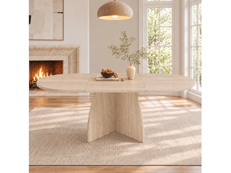 Table de salle à manger extensible pour 4 à 8 personnes, avec angles arrondis, aspect travertin, en mdf - Conforama E