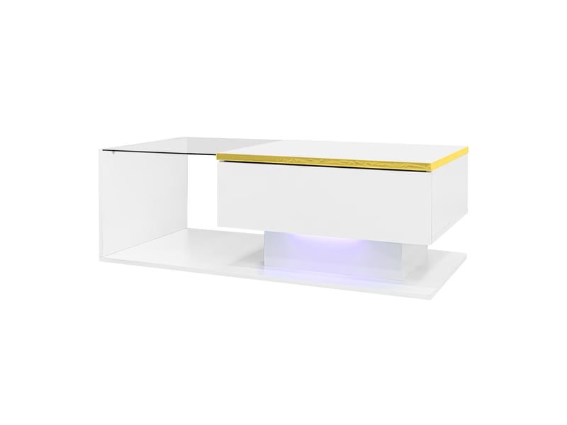  Table basse blanche brillante 90 cm, plateau en verre, effet led, design moderne  - Conforama E