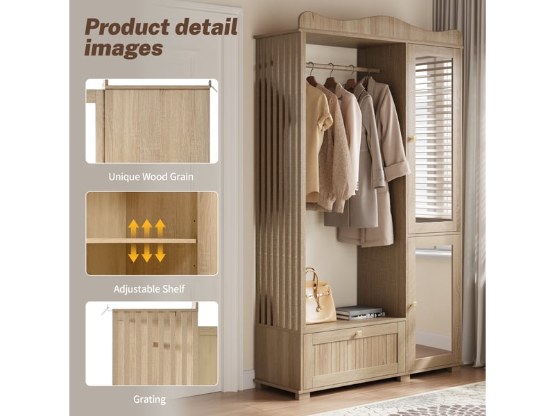  Armoire-penderie avec miroir et 2 portes mdf coloris chêne 115.5x38.5x194.5 cm GL4112O - Conforama E
