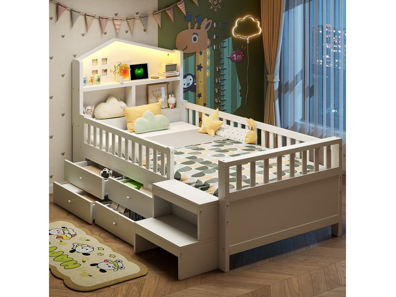  Lit enfant 90x200 cm avec quatre tiroirs et led, bois et mdf, blanc sans matelas  - Conforama B