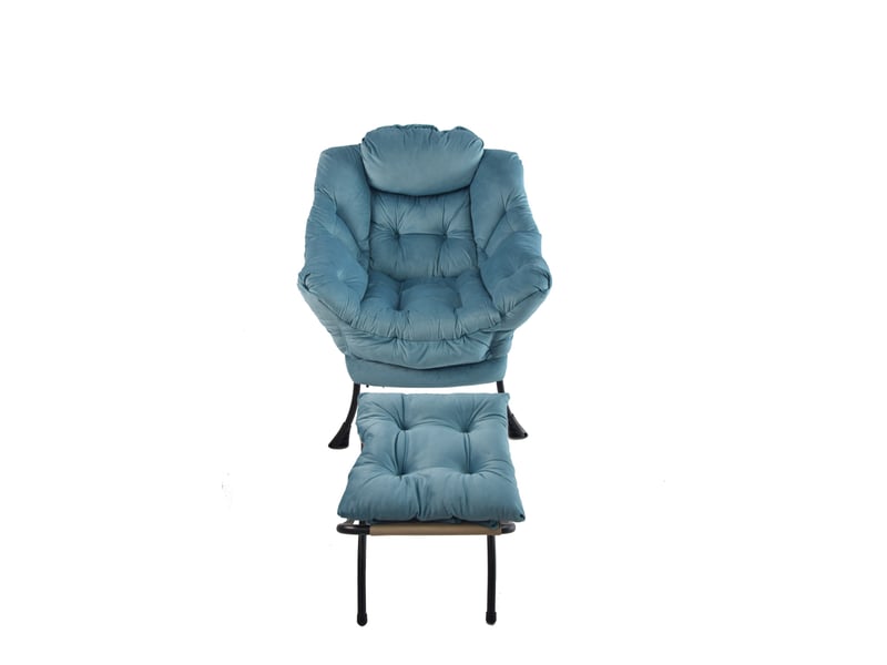  Fauteuil lounge avec repose-pieds 72x62x96cm – fauteuil relax de salon avec poche latérale et structure en métal – tissu velours - bleu  - Conforama A