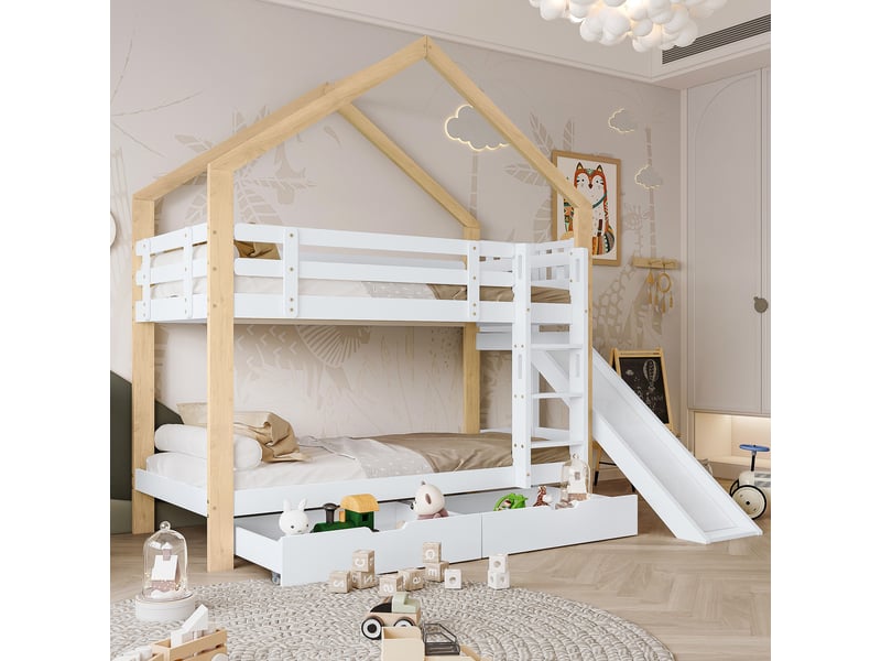  Lit superposé enfant cabane avec toboggan et 2 tiroirs bois massif blanc naturel 90x200  - Conforama E