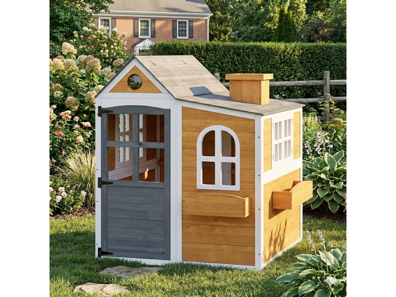  Cabane enfant extérieur en bois, maison enfant extérieureintérieure avec porte, fenêtres, jaune, 3 bacs à fleurs  - Conforama D