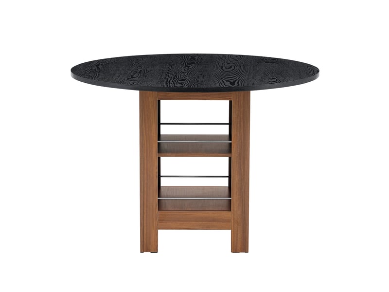 Table à manger ronde moderne 100 cm avec rangement, placage noyer, piètement métal, 2-4 personnes, pour cuisine et petite espace.  - Conforama A