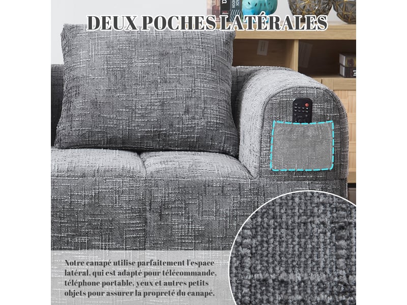 Canapé droit 2 places en chenille grise 158 x 90 x 60 cm, avec coussin et poches latérales, pour salon 158x90x60cm - Conforama E