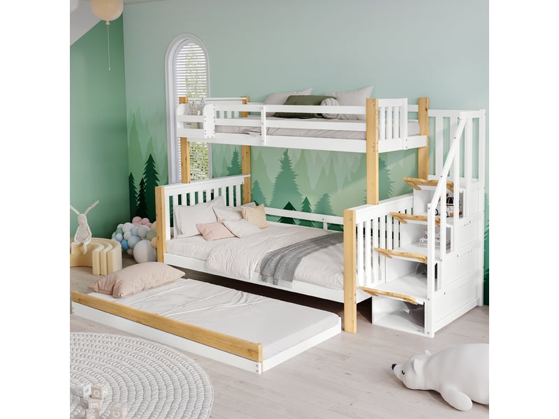  Lit superposé 90120x200 cm enfant - avec lit gigogne et escalier d’angle, barrière de sécurité - sans matelas - bois pin + mdf - blanc et naturel  - Conforama C