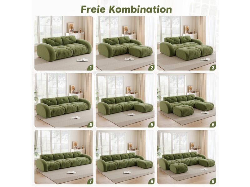  Canapé d’angle en l modulable 4 places - pieds antidérapants - assise verte avec repose-pieds - sans montage  - Conforama D