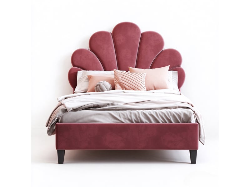  Lit enfant et lit simple 90x200 cm avec tête de lit fleur réglable et sommier à lattes, velours bordeaux, sans matelas  - Conforama A
