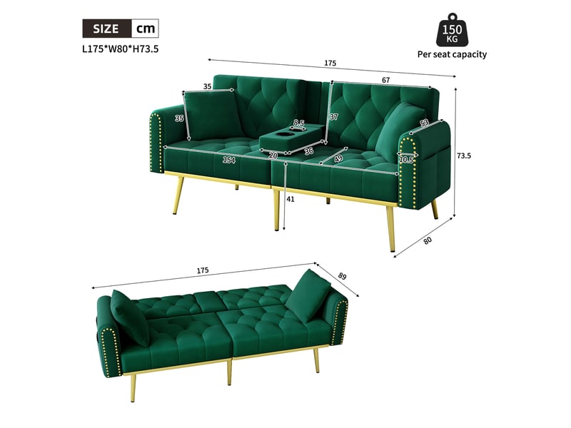  Canapé droit fixe 2 places velours vert canapé vert - Conforama C