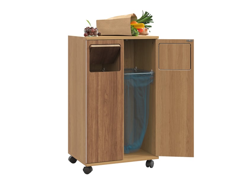  Meuble de tri des déchets à roulettes 46,7x35x80,3 cm avec 2 portes en mdf couleur naturel, confort optimal  - Conforama A