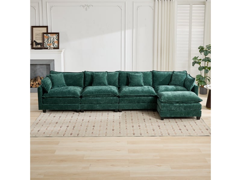  Canapé droit modulable 4 places 380 × 75 × 84 cm en chenille vert, coussins rembourrés IKSETERA TRADING LTD - Conforama W