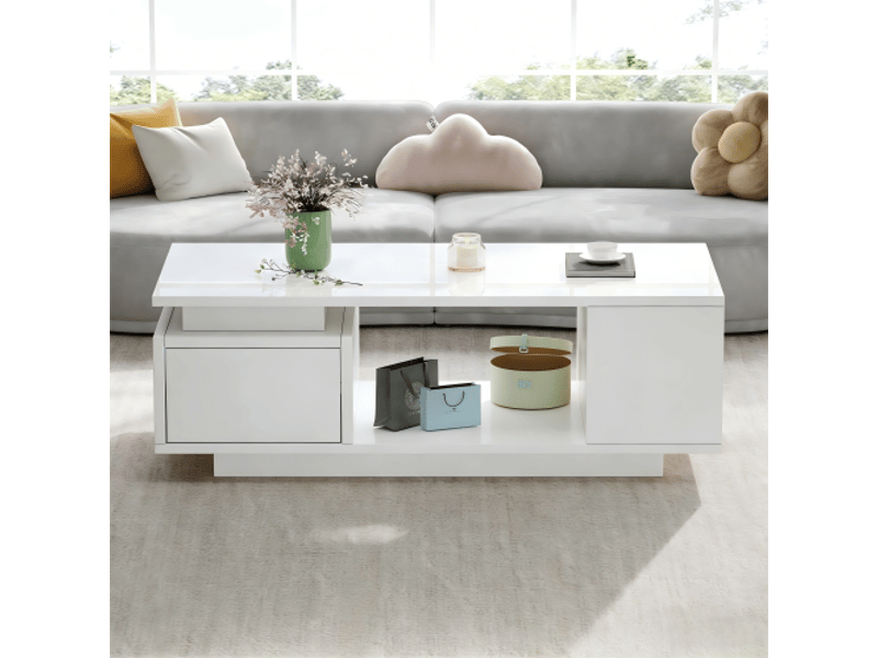 Table basse led blanche brillante avec tiroir - rangement latéral et design ajouré au centre - 100x50x36 cm - Conforama D