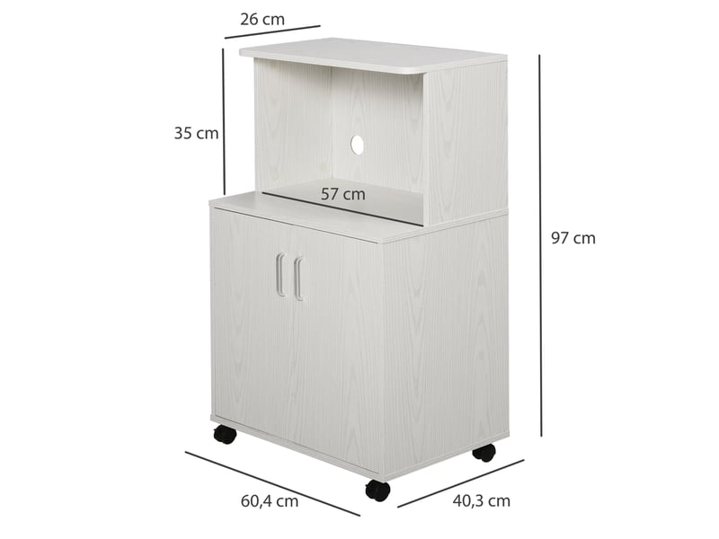  Chariot desserte micro-ondes placard 2 portes - blanc - dim. 60,4l x 40,3l x 97h cm  - Conforama C