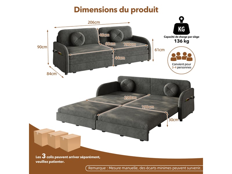  Canapé convertible 3 places gris en chenille avec couchage 190 x 200 cm Fay Lum - Conforama C