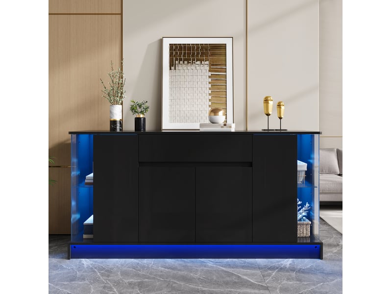  Buffet bas 150x40x75 cm avec 4 portes et 1 tiroir, led panneau de particules couleur noir, design moderne  - Conforama B